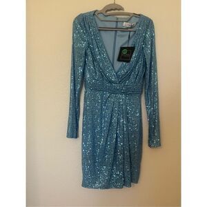 Mac Duggal Blue Sequined Embellished V Neck Mini Dress NEW NWT